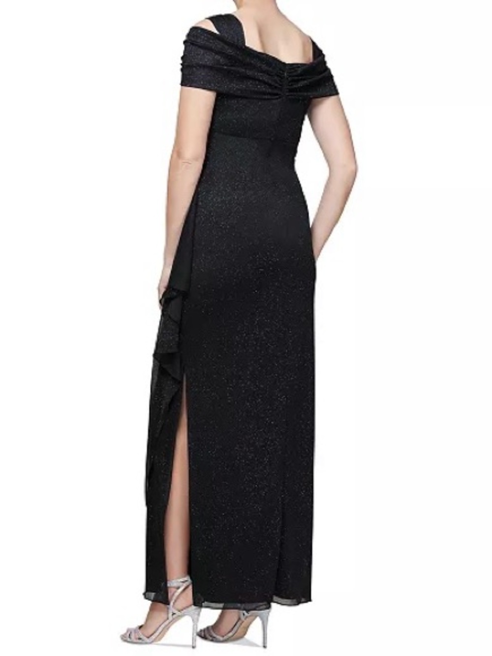 Alex Evenings Cold-Shoulder Black Draped Metallic Gown Stretchy NWT - Picture 7 of 10